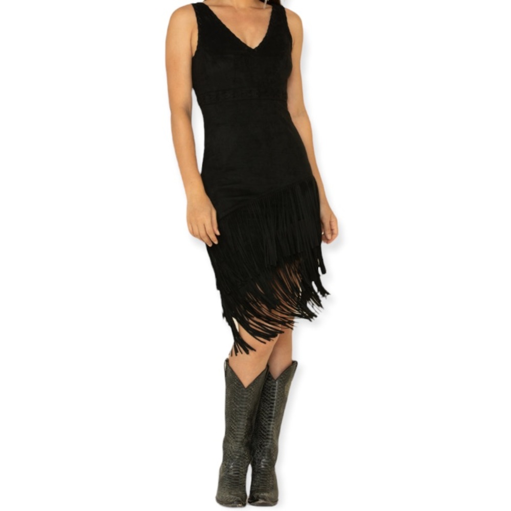 Idyllwind Black V-Neck Fringe Mini Dress